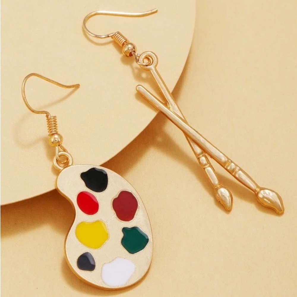 Gold Artist Paint Palette + Brush Earrings - Funky Dangle Statement Piece Art